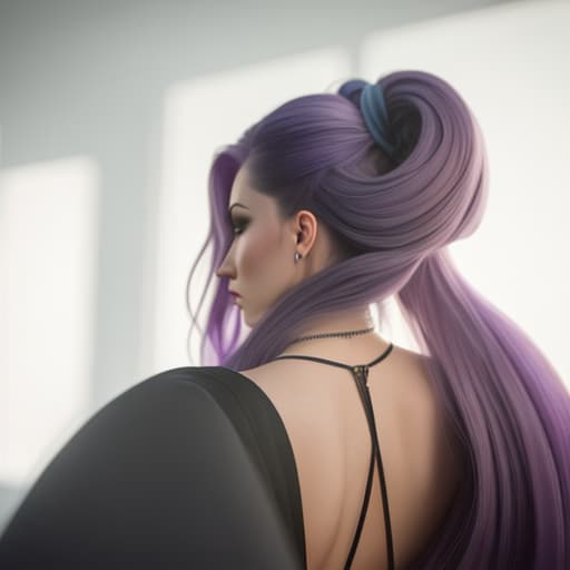  A girl's long purple hair from the back and the background is a photography studio hyperrealistic, full body, detailed clothing, highly detailed, cinematic lighting, stunningly beautiful, intricate, sharp focus, f/1. 8, 85mm, (centered image composition), (professionally color graded), ((bright soft diffused light)), volumetric fog, trending on instagram, trending on tumblr, HDR 4K, 8K
