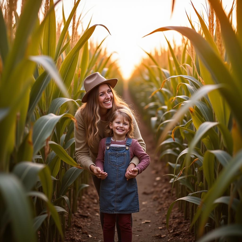  good quality, high quality, mother and her child navigating through a tall corn maze, laughing as they try to find their way out on a crisp autumn afternoon , woman and kid autumn corn maze adventure concept image