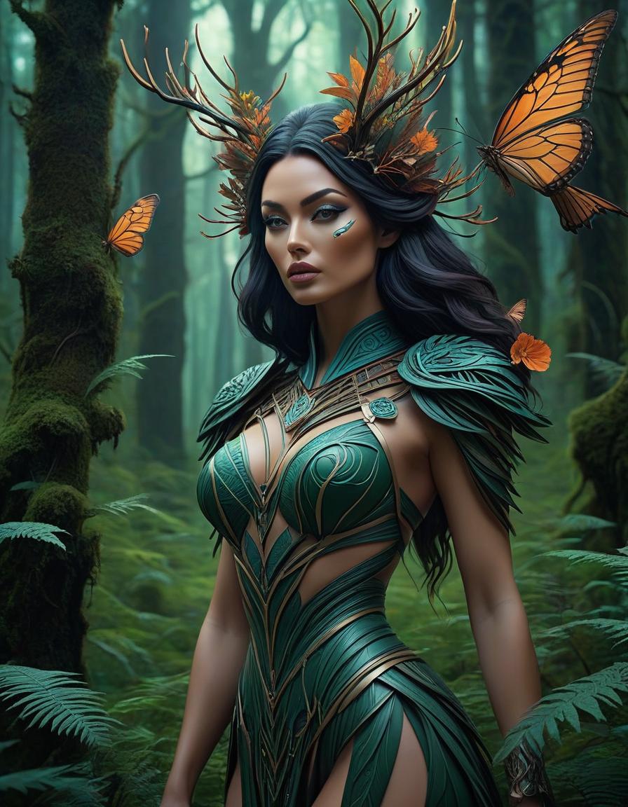  concept art A stunning digital painting of a mysterious forest woman with intricate details, geometric patterns, and surreal elements. The artwork is highly detailed, photorealistic, and beautifully balanced, showcasing a masterful blend of fantasy and realism. . digital artwork, illustrative, painterly, matte painting, highly detailed hyperrealistic, full body, detailed clothing, highly detailed, cinematic lighting, stunningly beautiful, intricate, sharp focus, f/1. 8, 85mm, (centered image composition), (professionally color graded), ((bright soft diffused light)), volumetric fog, trending on instagram, trending on tumblr, HDR 4K, 8K