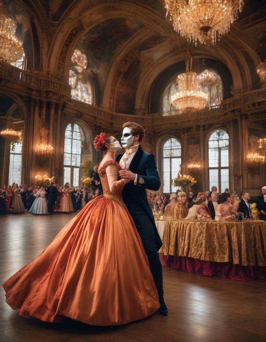  A young couple in masquerade masks at a ball, whirling in a waltz, in Baroque and Renaissance outfits. In a huge hall with high ceilings. The surprised audience applauds them. High detail. High quality. HDR. Focus on the clarity of the faces hyperrealistic, full body, detailed clothing, highly detailed, cinematic lighting, stunningly beautiful, intricate, sharp focus, f/1. 8, 85mm, (centered image composition), (professionally color graded), ((bright soft diffused light)), volumetric fog, trending on instagram, trending on tumblr, HDR 4K, 8K