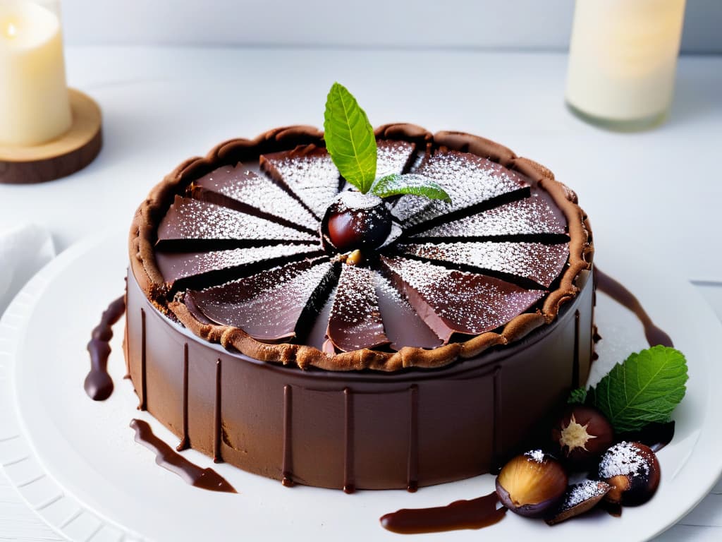  A closeup, ultradetailed image of a decadent chocolate macadamia nut tart on a sleek, white porcelain plate. The tart is perfectly sliced, showcasing layers of rich chocolate ganache and crunchy macadamia nuts. Each nut is meticulously placed on top, surrounded by a dusting of cocoa powder, with a delicate mint leaf as a garnish. The glossy surface of the ganache reflects the soft lighting, highlighting the intricate textures and inviting the viewer to indulge in this sophisticated dessert. hyperrealistic, full body, detailed clothing, highly detailed, cinematic lighting, stunningly beautiful, intricate, sharp focus, f/1. 8, 85mm, (centered image composition), (professionally color graded), ((bright soft diffused light)), volumetric fog, trending on instagram, trending on tumblr, HDR 4K, 8K