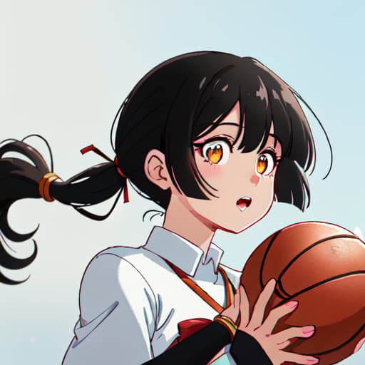  anime girl black hair bright dark brown eyes red and white basketball uniform with the number 18 and the name Nicky white and black shoes Have your hair in a medium high ponytail with two strands on the sides of your ears, have a basketball and look full body Pastel Palette, Da Vinci's Dreams, Picasso's , Sunrise Splendors, Floral Fantasy, Mystical Moonscapes, Urban Nature, Crystal Clear, Cinematic hyperrealistic, full body, detailed clothing, highly detailed, cinematic lighting, stunningly beautiful, intricate, sharp focus, f/1. 8, 85mm, (centered image composition), (professionally color graded), ((bright soft diffused light)), volumetric fog, trending on instagram, trending on tumblr, HDR 4K, 8K