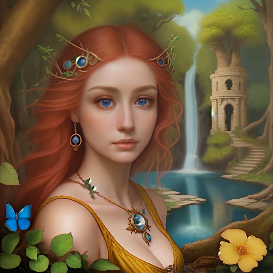  portrait of a woman in love aged 45, red hair, blue eyes, in a forest, timeless, sundial, scrapbook with analog, high quality, detailed, photo realism, style of esao andrews, perfect detailed eyes Ancient Trees. Roots. Waterfalls. Ancient Ruins And Trees Pools With Reflections. High Detail. Ancient Yellow-brick-road. lawn , Highly defined, highly detailed, sharp focus, (centered image composition), 4K, 8K