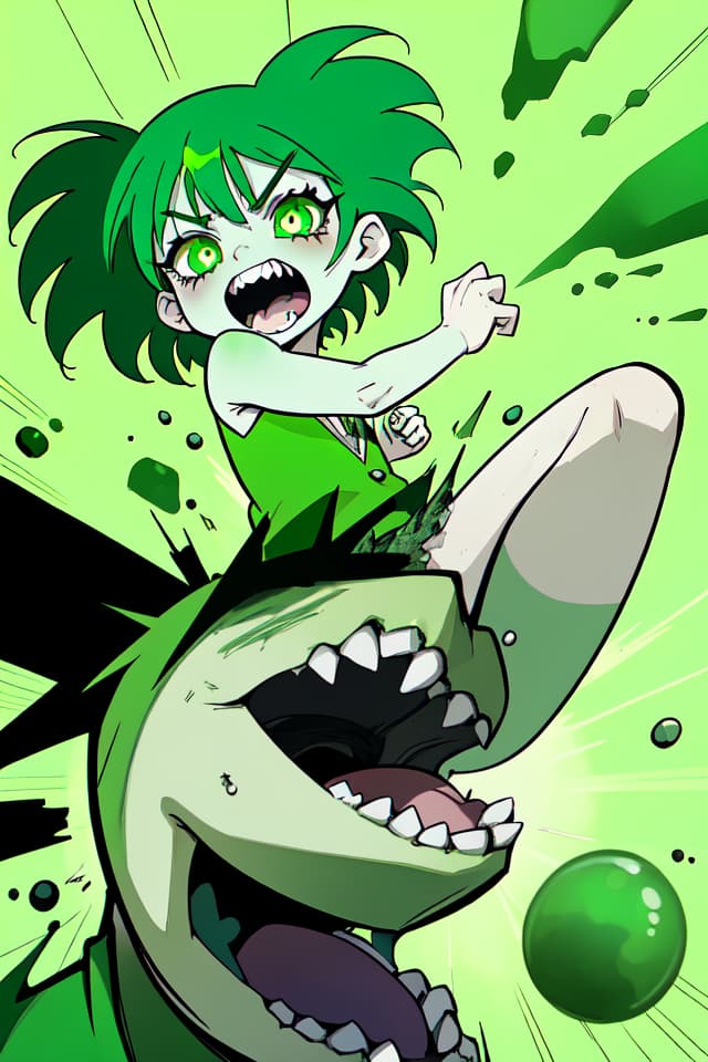  Green haired mad magic girl with jagged teeth, shouting