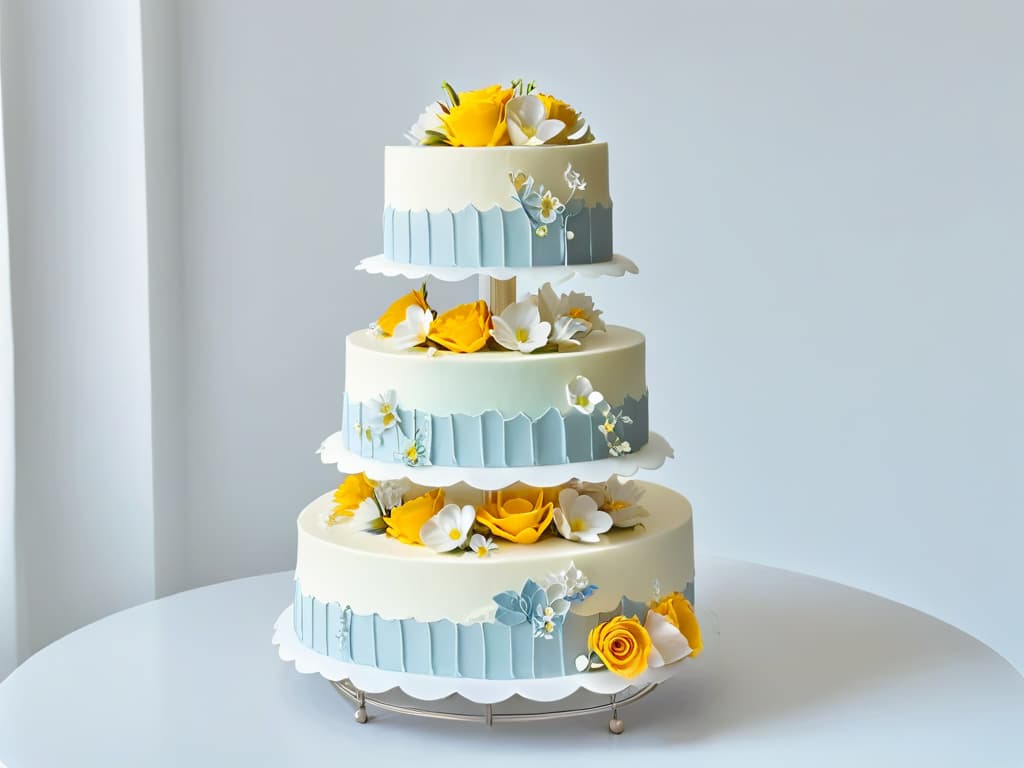  A minimalist, ultradetailed image of a multitiered wedding cake featuring intricate lacelike piping designs in white icing, adorned with delicate sugar flowers in soft pastel colors. Each tier is elegantly displayed on a sleek, modern cake stand against a clean, white backdrop, highlighting the meticulous craftsmanship and timeless elegance of Sylvia Weinstock's creations. hyperrealistic, full body, detailed clothing, highly detailed, cinematic lighting, stunningly beautiful, intricate, sharp focus, f/1. 8, 85mm, (centered image composition), (professionally color graded), ((bright soft diffused light)), volumetric fog, trending on instagram, trending on tumblr, HDR 4K, 8K