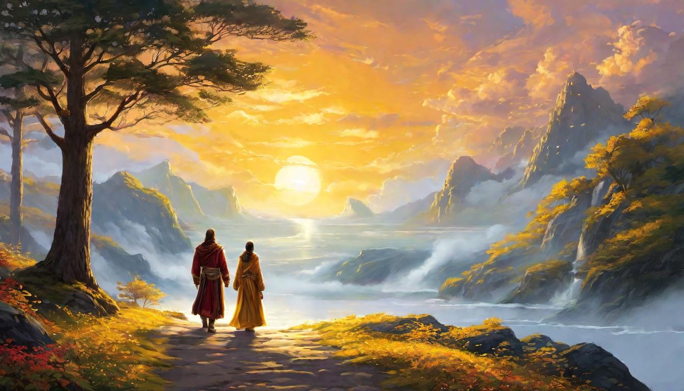  digital illustration, Two figures approaching each other, between them a golden path created by shared peaceful intentions, connection through serene energy, inviting, tranquil encounter, harmonious convergence, looking at viewer, dynamic pose, (intricate details, masterpiece, best quality)