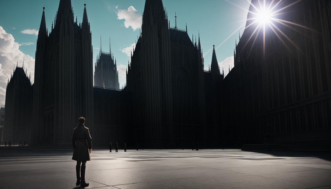  anime aesthetics, cinematic A person standing in front of a grand building, looking up at those in positions of power. Background filled with towering figures casting long shadows. Cool, contemplative lighting, surreal mood, Anime Aesthetics4k, HDR, lens flare, visually stunning, emotionally evocative