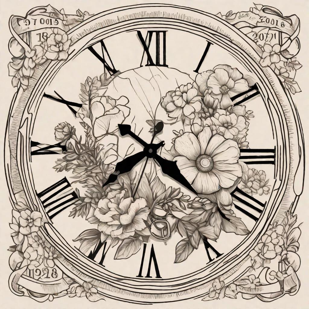  masterpiece, best quality,A clock with the time 7:31 on it with the may birth flower around it and a ribbon with the date 5/4/2018 underneath it sketch,