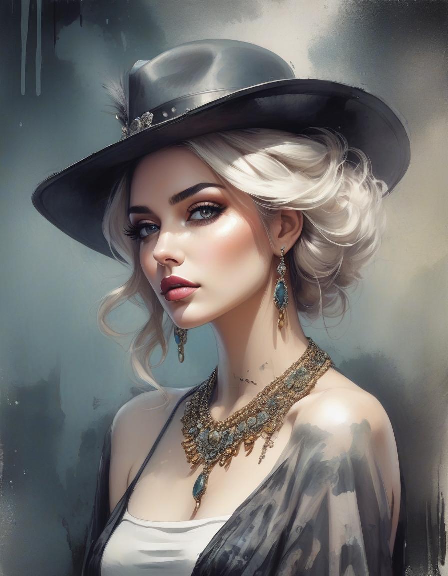  grunge style painting of a woman wearing a hat with a necklace, exquisite digital illustration, elegante pintura digital, linda pintura de persona gem, beautiful digital illustration, estilo de pintura digital, linda pintura digital, linda arte digital, no estilo aquarela, pintura linda, no art style by bowater, a beautiful art illustration, no estilo de aquarela digital, with ink blots and paint running down the screen . textured, distressed, vintage, edgy, punk rock vibe, dirty, noisy hyperrealistic, full body, detailed clothing, highly detailed, cinematic lighting, stunningly beautiful, intricate, sharp focus, f/1. 8, 85mm, (centered image composition), (professionally color graded), ((bright soft diffused light)), volumetric fog, trending on instagram, trending on tumblr, HDR 4K, 8K