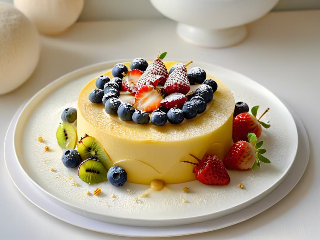  A closeup, ultradetailed image of a perfectly arranged crepe with vibrant, colorful fruit toppings such as strawberries, blueberries, and kiwi slices, drizzled with a light touch of honey and sprinkled with chopped nuts, all placed on a sleek, modern white plate against a simple, elegant background. hyperrealistic, full body, detailed clothing, highly detailed, cinematic lighting, stunningly beautiful, intricate, sharp focus, f/1. 8, 85mm, (centered image composition), (professionally color graded), ((bright soft diffused light)), volumetric fog, trending on instagram, trending on tumblr, HDR 4K, 8K