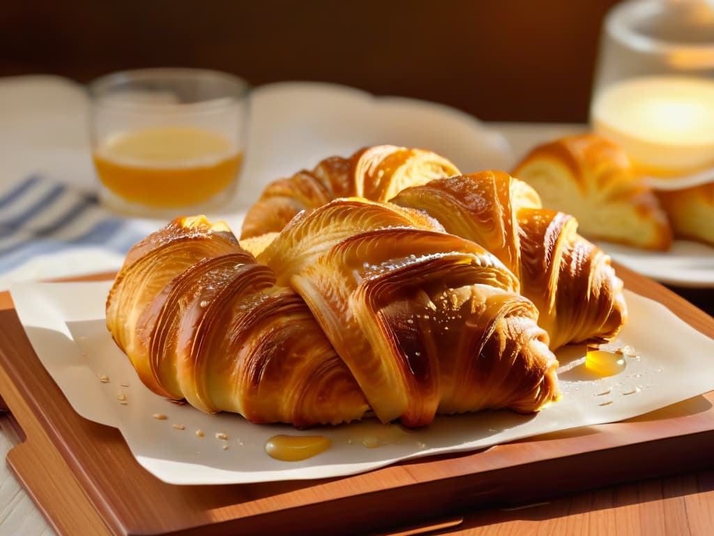  A closeup, ultradetailed image of a perfectly goldenbrown croissant, freshly baked and glistening with a light drizzle of honey. The delicate layers of flaky pastry are visible, with a slight steam rising from the warm treat. The background is a soft, blurred blur of a cozy kitchen setting, enhancing the focus on the croissant's texture and allure. hyperrealistic, full body, detailed clothing, highly detailed, cinematic lighting, stunningly beautiful, intricate, sharp focus, f/1. 8, 85mm, (centered image composition), (professionally color graded), ((bright soft diffused light)), volumetric fog, trending on instagram, trending on tumblr, HDR 4K, 8K