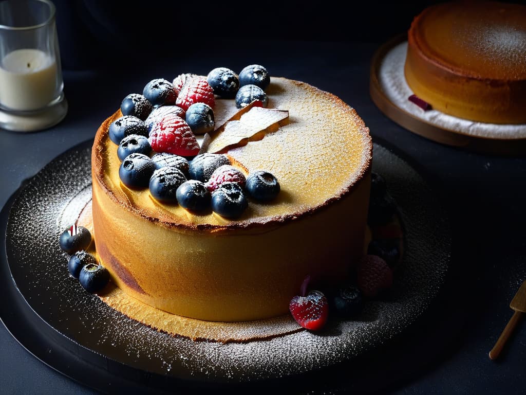  A closeup, ultradetailed image of a perfectly golden glutenfree almond flour cake, topped with fresh berries and a dusting of powdered sugar, resting on a sleek, matte black plate with a modern, minimalist backdrop. hyperrealistic, full body, detailed clothing, highly detailed, cinematic lighting, stunningly beautiful, intricate, sharp focus, f/1. 8, 85mm, (centered image composition), (professionally color graded), ((bright soft diffused light)), volumetric fog, trending on instagram, trending on tumblr, HDR 4K, 8K