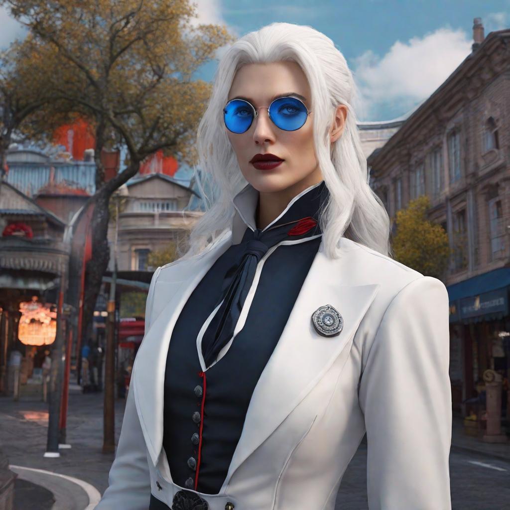  Vampire cop, blue eyes, medium-length white hair, anime style hyperrealistic, full body, detailed clothing, highly detailed, cinematic lighting, stunningly beautiful, intricate, sharp focus, f/1. 8, 85mm, (centered image composition), (professionally color graded), ((bright soft diffused light)), volumetric fog, trending on instagram, trending on tumblr, HDR 4K, 8K