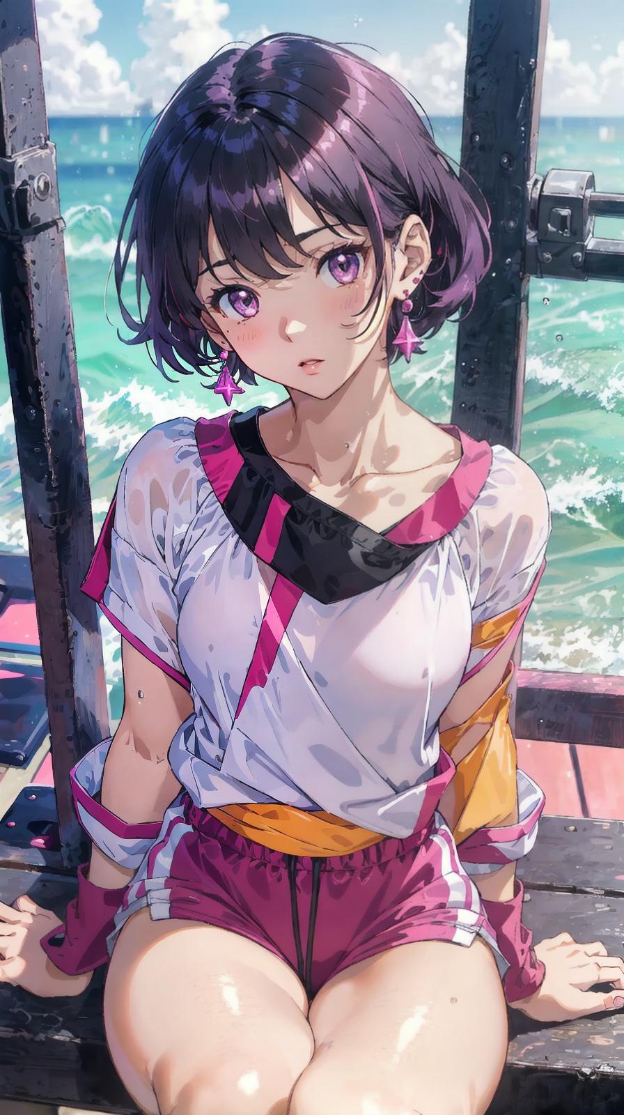  master piece , best quality,Evening seaside JK, black hair, hair inner color vivid pink, medium hair, light purple eyes, seductive upward glance, slightly red cheeks, thin earrings, sitting in gym, white thin clothes, thin clothing, beautiful collarbone