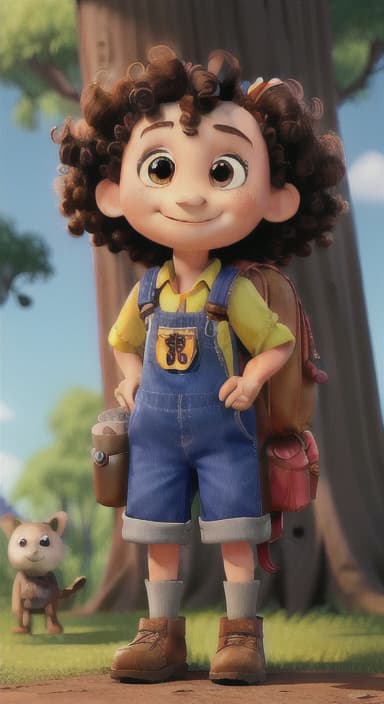  {The tree with a smiling face formed by its bark, looking down at Riley., Riley, a curious with big brown eyes and curly hair, wearing overalls and carrying a small backpack. Their friend, Skye, a bluebird with shiny feathers.