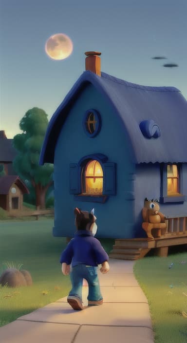  {Max walking back towards the cozy little house with droopy eyes, as twilight falls, The big blue dog is large with sky blue fur, big round eyes, a black nose, and floppy ears.