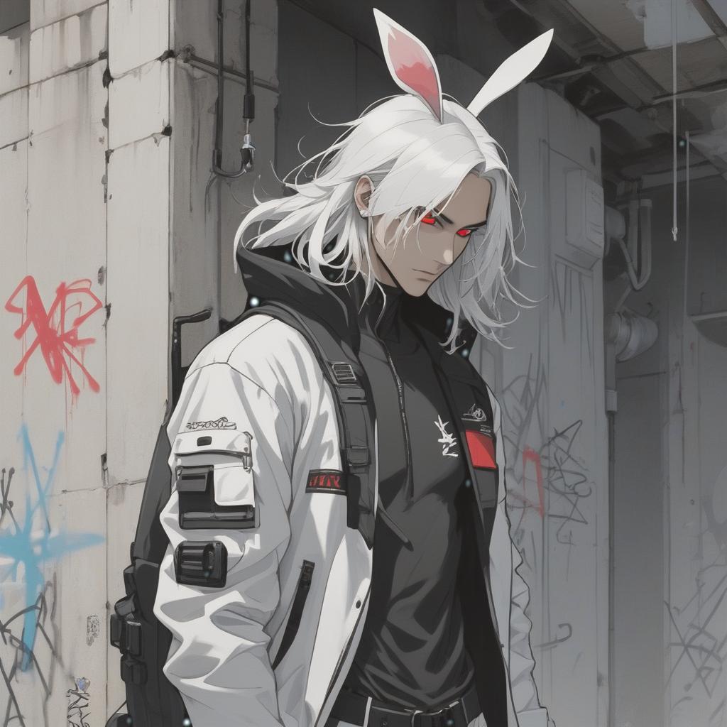  graffiti style ((((Conceptual art)))), (((Men's design‏))), A tall, pale man, long white hair falling down his shoulders, a lock of hair on his forehead, red eyes, rabbit ears, wearing a diving suit, a black shirt, a white T shirt, a jacket, a jacket with side pockets, high waisted pants, black pants, a leather belt, a belt with a silver buckle, a white cloak reaching to his ankles, a cloak with a large hood, a cross around his neck, a silver chain, a precious stone on the chain, a bag on his waist, moccasins, an earring in the shape of a crystal in his ear, high detail on the clothes, many elements in the clothes, an emphasis on the legs, (((white background))) . street art, vibrant, urban, detailed, tag, mural hyperrealistic, full body, detailed clothing, highly detailed, cinematic lighting, stunningly beautiful, intricate, sharp focus, f/1. 8, 85mm, (centered image composition), (professionally color graded), ((bright soft diffused light)), volumetric fog, trending on instagram, trending on tumblr, HDR 4K, 8K