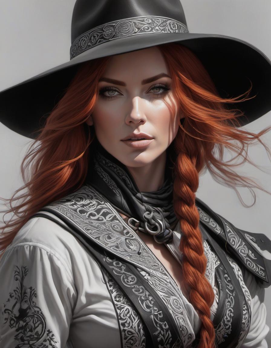  zentangle Wild west gunslinger, female, long red hair, beautiful face, wild west outlaw, portrait, clear details, crisp quality, cartoon style, art by artgerm, art by wlop . intricate, abstract, monochrome, patterns, meditative, highly detailed hyperrealistic, full body, detailed clothing, highly detailed, cinematic lighting, stunningly beautiful, intricate, sharp focus, f/1. 8, 85mm, (centered image composition), (professionally color graded), ((bright soft diffused light)), volumetric fog, trending on instagram, trending on tumblr, HDR 4K, 8K