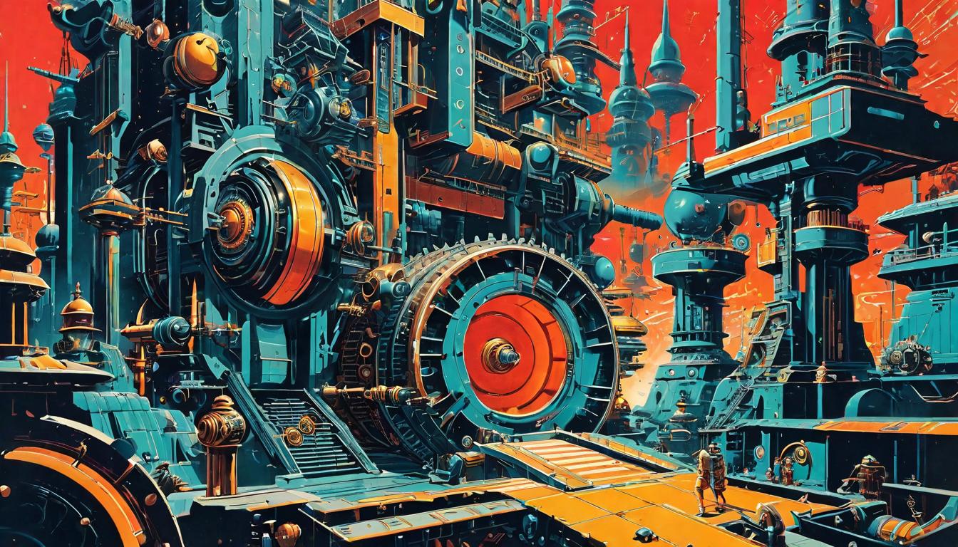  retro futuristic gears and mechanisms, person struggling within, myriad of control, complex machinery, entrapment lvintage sci fi, 50s and 60s style, atomic age, vibrant, highly detailed