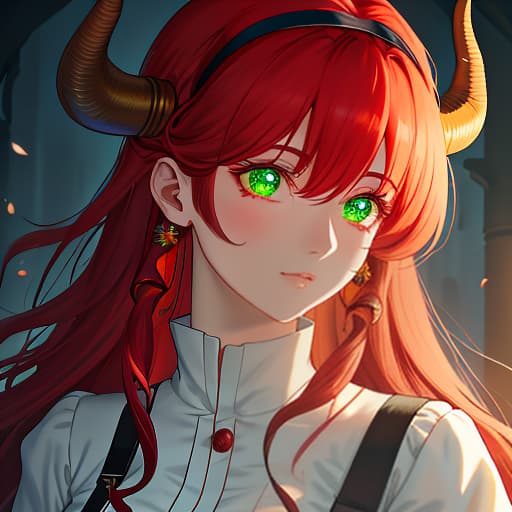  A old , close up, face of the , big shining eyes, eyes of green color, red curly hair, wearing a uniform, with a hairband on her head, on the hairband short red horns., Manga big eyes expressive faces colorful hair Hayao Miyazaki Masashi Kishimoto Makoto Shinkai CLAMP Yoshiyuki Sadamoto hyperrealistic, full body, detailed clothing, highly detailed, cinematic lighting, stunningly beautiful, intricate, sharp focus, f/1. 8, 85mm, (centered image composition), (professionally color graded), ((bright soft diffused light)), volumetric fog, trending on instagram, trending on tumblr, HDR 4K, 8K