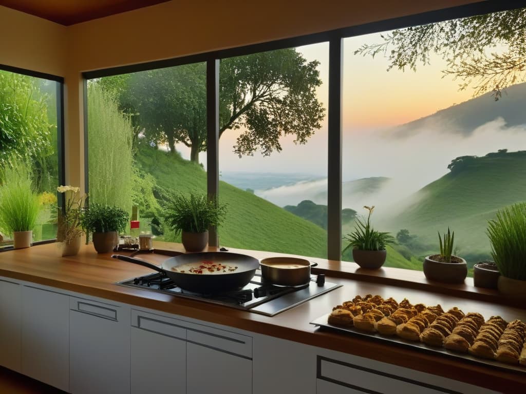  An ultradetailed image of a luxurious cooking retreat nestled in the picturesque countryside, featuring a stateoftheart kitchen surrounded by lush greenery and blooming flowers. The sun is setting in the background, casting a warm golden glow over the scene, highlighting the elegance of the culinary space. The retreat exudes tranquility and sophistication, with large windows showcasing the beauty of nature, inviting aspiring chefs to indulge in a peaceful and inspiring cooking experience. hyperrealistic, full body, detailed clothing, highly detailed, cinematic lighting, stunningly beautiful, intricate, sharp focus, f/1. 8, 85mm, (centered image composition), (professionally color graded), ((bright soft diffused light)), volumetric fog, trending on instagram, trending on tumblr, HDR 4K, 8K