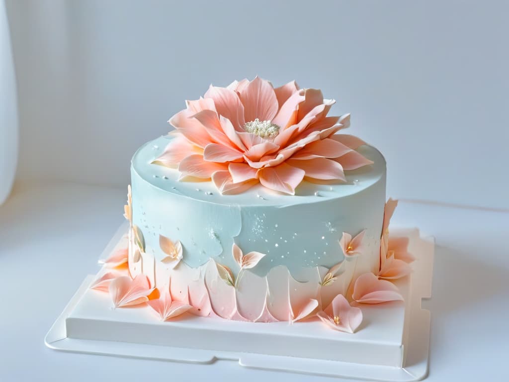  An intricate sugar flower made of delicate petals in shades of pastel pink, expertly crafted and placed on a pristine white fondant cake. Each petal reflects the light, showcasing the skill and artistry involved in sugar work. The background is a soft focus, highlighting the detailed sugar creation as the focal point of the image. hyperrealistic, full body, detailed clothing, highly detailed, cinematic lighting, stunningly beautiful, intricate, sharp focus, f/1. 8, 85mm, (centered image composition), (professionally color graded), ((bright soft diffused light)), volumetric fog, trending on instagram, trending on tumblr, HDR 4K, 8K