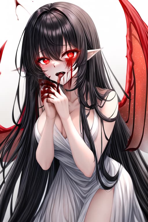  long black hair,glowing red eyes,red eyeliner,suit,covered in blood,licking fingers and drooling,Angel, white dress, multiple wings, large wings, fairy, masterpiece, best quality, high quality, solo