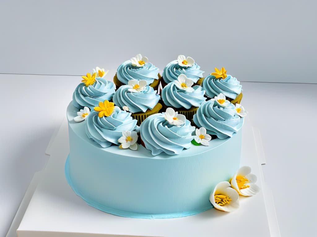  An ultradetailed, minimalist image of a pristine white kitchen counter with an array of intricately decorated, pastelcolored cupcakes neatly arranged on a sleek, modern cake stand. Each cupcake is adorned with delicate swirls of buttercream frosting, sparkling sugar sprinkles, and miniature edible flowers, showcasing the artistry and precision of gourmet cupcake decoration. The image captures the essence of sophistication and creativity in the world of specialized cupcake baking, appealing to the target audience of aspiring bakers and confectionery enthusiasts. hyperrealistic, full body, detailed clothing, highly detailed, cinematic lighting, stunningly beautiful, intricate, sharp focus, f/1. 8, 85mm, (centered image composition), (professionally color graded), ((bright soft diffused light)), volumetric fog, trending on instagram, trending on tumblr, HDR 4K, 8K