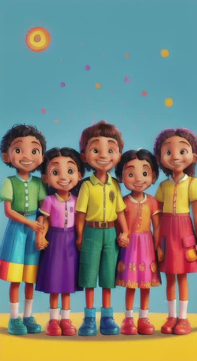  {A bright and colorful book cover with a group of happy children holding hands in a circle., Children of various ethnicities. They are smiling and wearing colorful clothing.