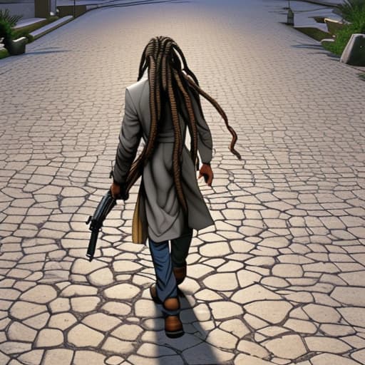  A back view image of a young man with dreadlocks holding a Gun and walking on paved stones