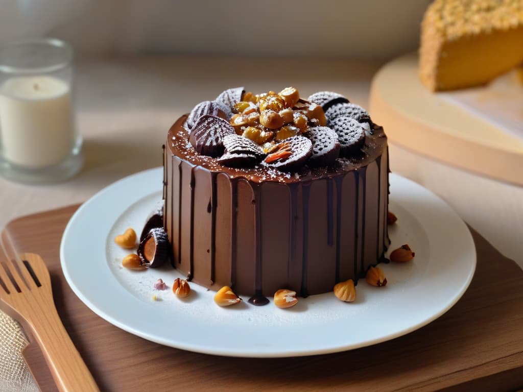  A closeup, ultradetailed image of a decadent slice of chocolate hazelnut cake on a sleek, modern plate. The rich, moist cake is adorned with a glossy chocolate ganache drizzle and sprinkled with crushed hazelnuts, showcasing its luxurious texture and sophisticated presentation. The background is softly blurred to emphasize the cake, creating a minimalistic yet elegant visual appeal. hyperrealistic, full body, detailed clothing, highly detailed, cinematic lighting, stunningly beautiful, intricate, sharp focus, f/1. 8, 85mm, (centered image composition), (professionally color graded), ((bright soft diffused light)), volumetric fog, trending on instagram, trending on tumblr, HDR 4K, 8K