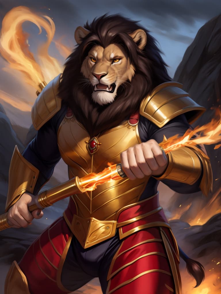  By chunie, by Meesh, portrait, full body, detailed pupils, glowing eyes:2, full view, photorealistic, solo, anthro, male, lion, scar on face, a lions fighting in a battlefield, holds a golden weapon, fighting, roaring, angry face:2, serious face:2, rage, zoom in on face, enraged:2, sparkling red and gold armor:2, surrounded by glowing flames, fireland, sparkling fire in background, ultra detailed sparkling flame, ultra detailed sparkling red and gold armor, sfw, thick body, muscular body, stare at the camera, open eyes, digital art, masterpiece, 4k, fine details,