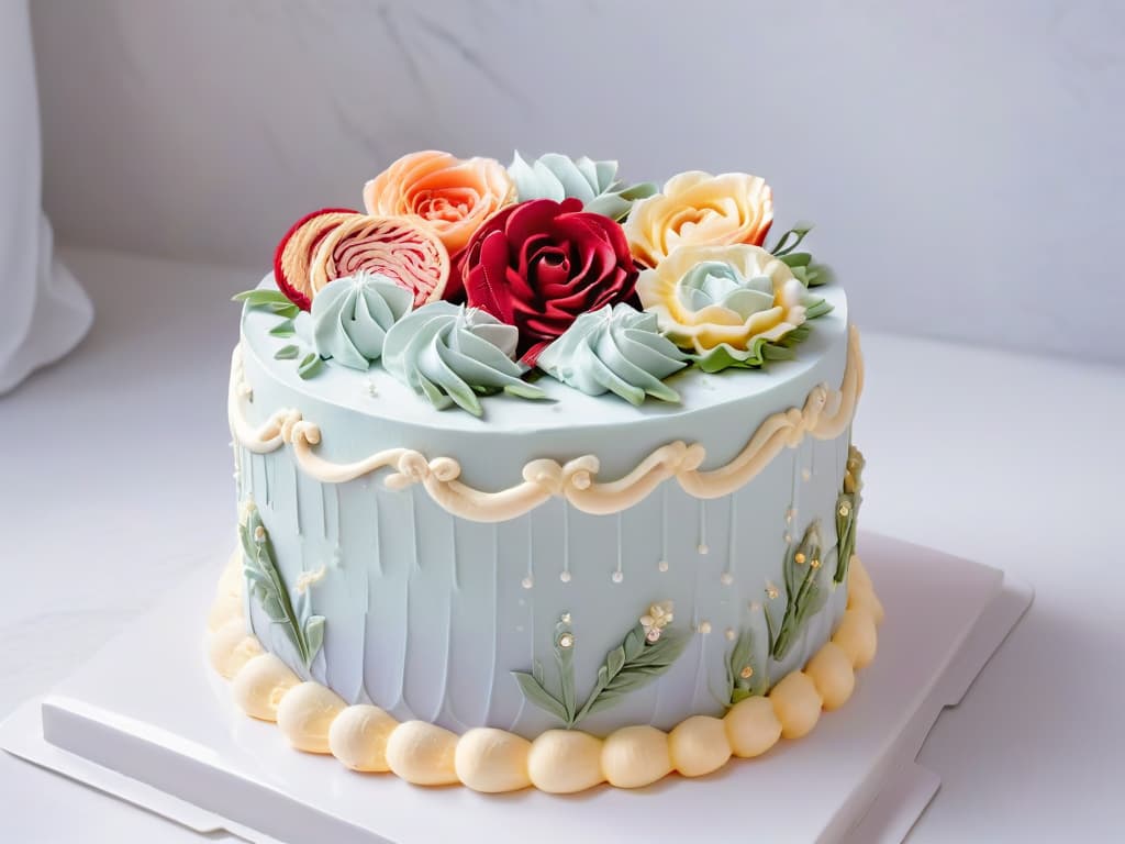  A closeup, ultradetailed image of a perfectly frosted cake with intricate piping details in pastel colors, set on a sleek, white marble backdrop. The frosting is smooth and glossy, showcasing delicate swirls and floral designs that catch the light, exuding a sense of precision and artistry. The image captures the essence of a carefully crafted confection, embodying the skill and creativity involved in pastry competitions. hyperrealistic, full body, detailed clothing, highly detailed, cinematic lighting, stunningly beautiful, intricate, sharp focus, f/1. 8, 85mm, (centered image composition), (professionally color graded), ((bright soft diffused light)), volumetric fog, trending on instagram, trending on tumblr, HDR 4K, 8K