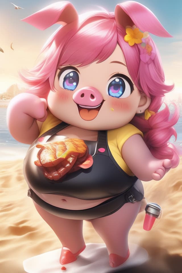  extremely obese girl、pink colored hair、((bright deep pink colored drooping pig's ears:1.4、ultra detailed plump & fat face sweaty smile:1.4、ultra detailed shiny black skin:1.4))、(((on the beach:1.4、barbecue:1.4)))、(、eating a lot of barbecue)、dutch angle、best quality:1.4、masterpiece:1.4、ultra detailed texture、RAW photorealistic、absurd resolution、8K illustration、💩、💩、💩、💩