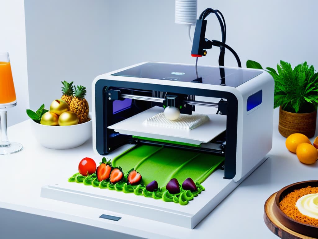  An ultradetailed photorealistic image showcasing a futuristic 3D printer specifically designed for creating intricate and ecofriendly dessert designs. The printer is depicted in a sleek, hightech kitchen setting, surrounded by an array of vibrant, mouthwatering desserts being printed with precision. The background features lush greenery, emphasizing the environmentally conscious aspect of this cuttingedge technology. The image exudes a sense of innovation, sustainability, and culinary artistry, perfectly complementing the informative article on the environmental impact of 3D printing desserts. hyperrealistic, full body, detailed clothing, highly detailed, cinematic lighting, stunningly beautiful, intricate, sharp focus, f/1. 8, 85mm, (centered image composition), (professionally color graded), ((bright soft diffused light)), volumetric fog, trending on instagram, trending on tumblr, HDR 4K, 8K