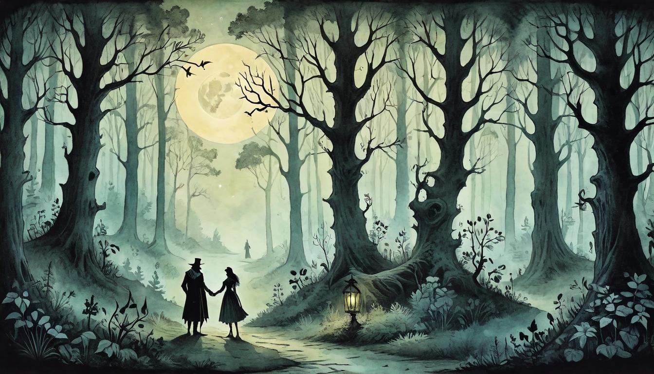  on parchment, surrealism+++, Two silhouettes meeting at the intersection of shadowed paths within an enchanted forest, moonlight filtering through dense foliage, connection, enchantment(mysterious, provocative, symbolic,muted color)+++