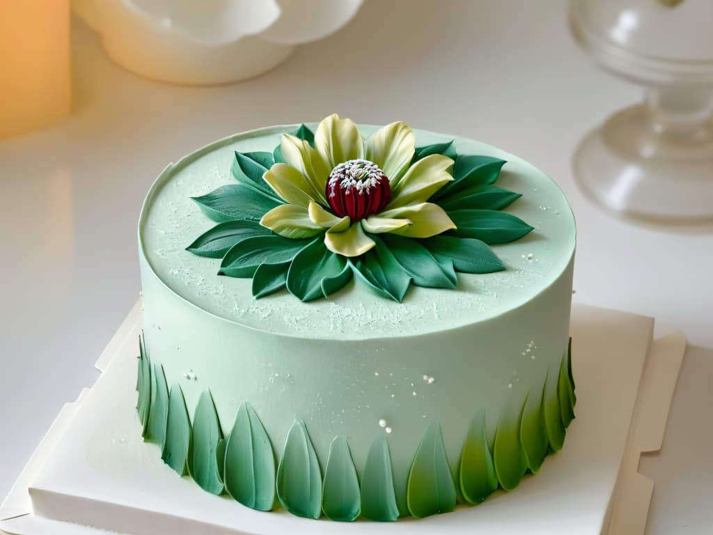  A closeup, ultradetailed image of a perfectly sculpted, intricate sugar flower delicately placed on a pristine white fondant cake. The petals of the flower show a mesmerizing level of detail, with each delicate vein and gradient of color visible, showcasing the artistry and precision required in professional pastry competitions. The image exudes elegance and sophistication, embodying the essence of highlevel pastry craftsmanship. hyperrealistic, full body, detailed clothing, highly detailed, cinematic lighting, stunningly beautiful, intricate, sharp focus, f/1. 8, 85mm, (centered image composition), (professionally color graded), ((bright soft diffused light)), volumetric fog, trending on instagram, trending on tumblr, HDR 4K, 8K