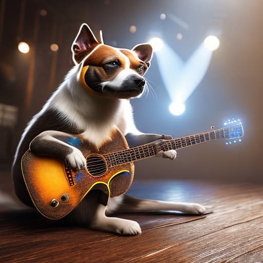  draw a dog with guitar hyperrealistic, full body, detailed clothing, highly detailed, cinematic lighting, stunningly beautiful, intricate, sharp focus, f/1. 8, 85mm, (centered image composition), (professionally color graded), ((bright soft diffused light)), volumetric fog, trending on instagram, trending on tumblr, HDR 4K, 8K