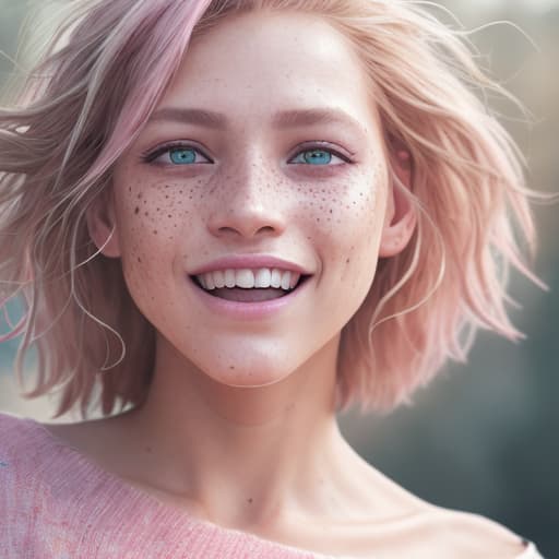  Hyper realistic, ultra detailed photograph of a woman with messy blond hair (pink highlights) wearing an off shoulder slim sweter, laughing out loud and dancing, sunlight fractal details, depth of field, detailed gorgeous face, natural body posture, captured with a 85mm lens, f4. 6, bokeh, ultra detailed, ultra accurate detailed, bokeh lighting, surrealism, urban settin, ultra unreal engine, intricate, epic, freckles, ultra realistic ,hyper detail, cinematic lighting,, Canon EOS R3, nikon, f/1.4, ISO 200, 1/160s,  RAW, unedited, symmetrical balance, in-frame, dslr, ultra quality, sharp focus, tack sharp, dof, film grain, Fujifilm XT3, crystal clear, 8K UHD, highly detailed glossy eyes, high detailed skin, skin pores