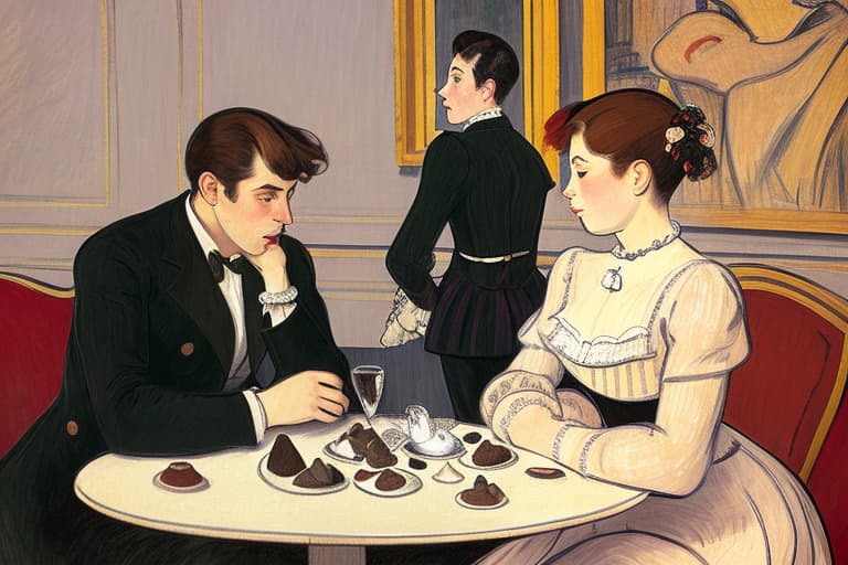  attractive young Parisian couple dressed in modern designer outfits who are romantically together in Paris. Foreground a small plate of fine dark chocolates on a bedside table. Background dusk with a light interior of the Louvre Museum. Painting style of Henri de Toulouse-Lautrec