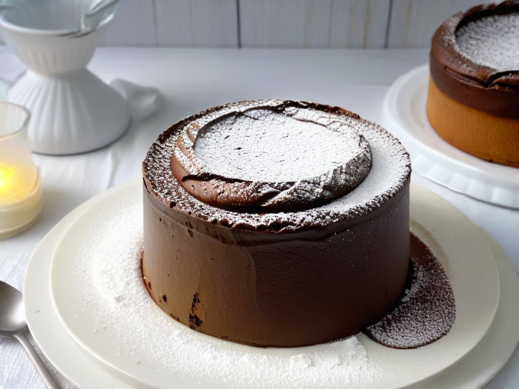  A beautifully risen chocolate soufflé fresh out of the oven, perfectly golden on top, with a delicate sprinkle of powdered sugar glistening in the light. The rich, velvety texture is evident as the soufflé stands tall in a pristine white ramekin, emitting steam that dances upwards, creating an enticing aroma. The background showcases a modern, elegant kitchen setting with marble countertops and a glimpse of a professionalgrade oven in the backdrop, setting the scene for a luxurious culinary experience. hyperrealistic, full body, detailed clothing, highly detailed, cinematic lighting, stunningly beautiful, intricate, sharp focus, f/1. 8, 85mm, (centered image composition), (professionally color graded), ((bright soft diffused light)), volumetric fog, trending on instagram, trending on tumblr, HDR 4K, 8K