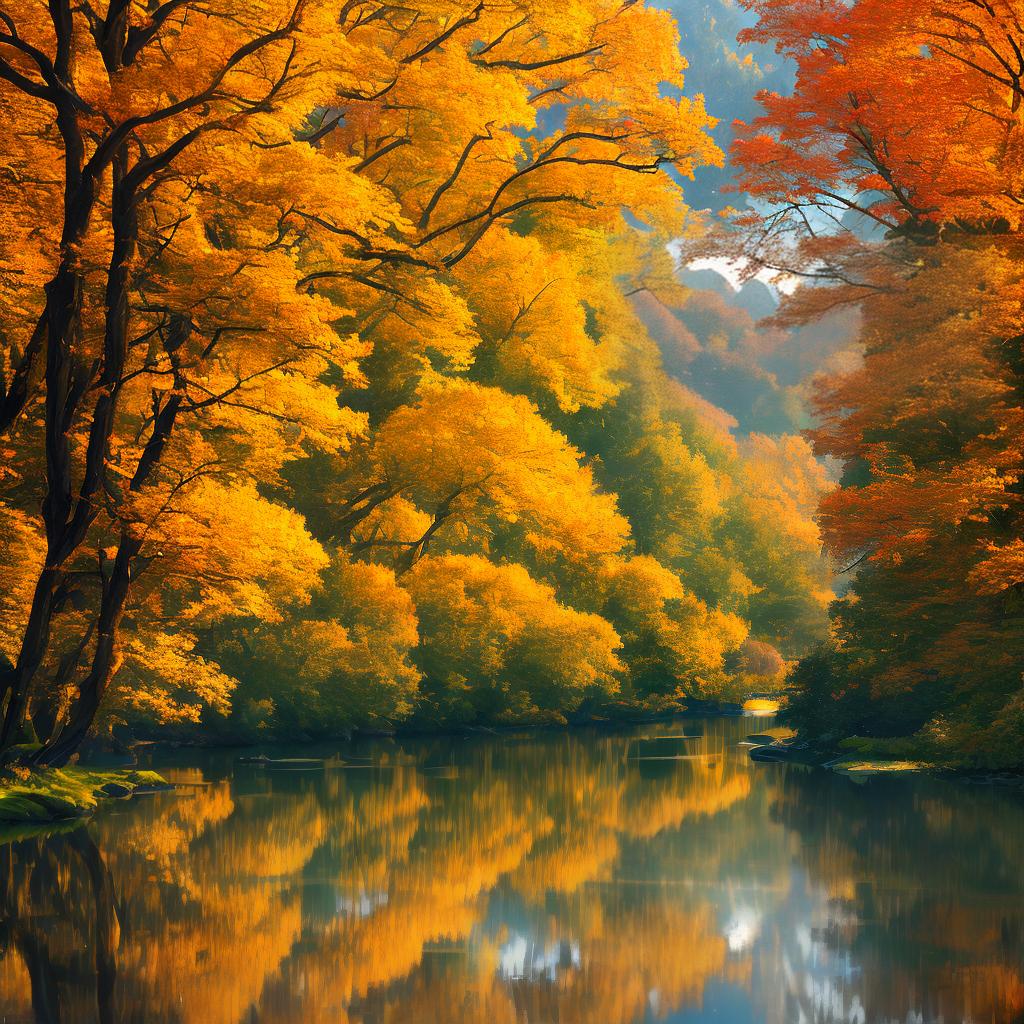  ((masterpiece)),(((best quality))), 8k, high detailed, ultra-detailed. A serene landscape with a flowing river. The sun is setting over the distant mountains, casting a warm golden light on the scene. Trees with vibrant autumn foliage line the riverbanks, their colorful leaves gently swaying in the breeze. A small wooden bridge spans the river, leading to a charming cottage nestled among the trees. The reflection of the landscape is beautifully mirrored in the calm waters of the river. hyperrealistic, full body, detailed clothing, highly detailed, cinematic lighting, stunningly beautiful, intricate, sharp focus, f/1. 8, 85mm, (centered image composition), (professionally color graded), ((bright soft diffused light)), volumetric fog, trending on instagram, trending on tumblr, HDR 4K, 8K