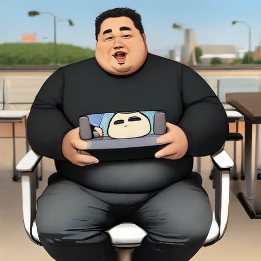  A man is a fat man, his face is very big, eyes are very small, he sat on a chair playing mobile phone,