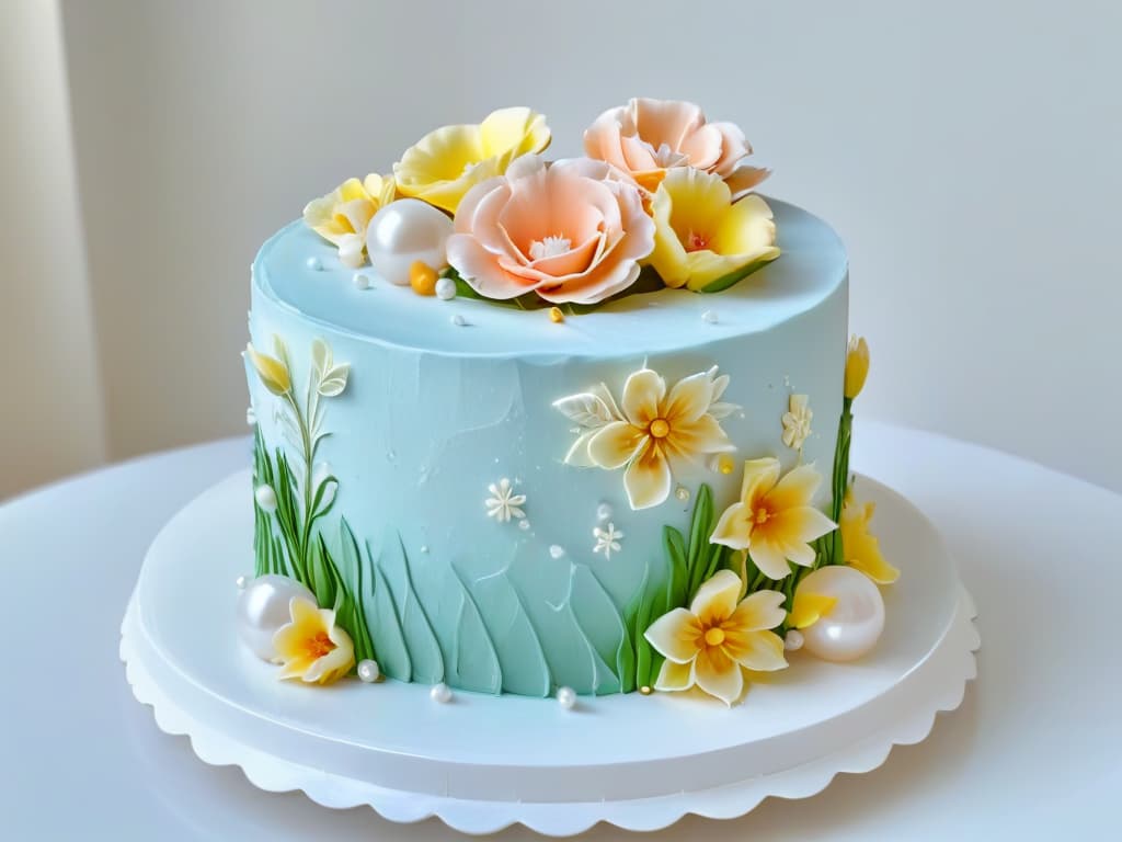  A closeup, ultradetailed image of a perfectly frosted and meticulously decorated threetiered cake, featuring intricate floral piping designs in pastel colors, delicate fondant ribbons, and shimmering edible pearls. The cake is displayed on a simple, white cake stand against a soft, blurred background, highlighting the precision and artistry of the confection. hyperrealistic, full body, detailed clothing, highly detailed, cinematic lighting, stunningly beautiful, intricate, sharp focus, f/1. 8, 85mm, (centered image composition), (professionally color graded), ((bright soft diffused light)), volumetric fog, trending on instagram, trending on tumblr, HDR 4K, 8K