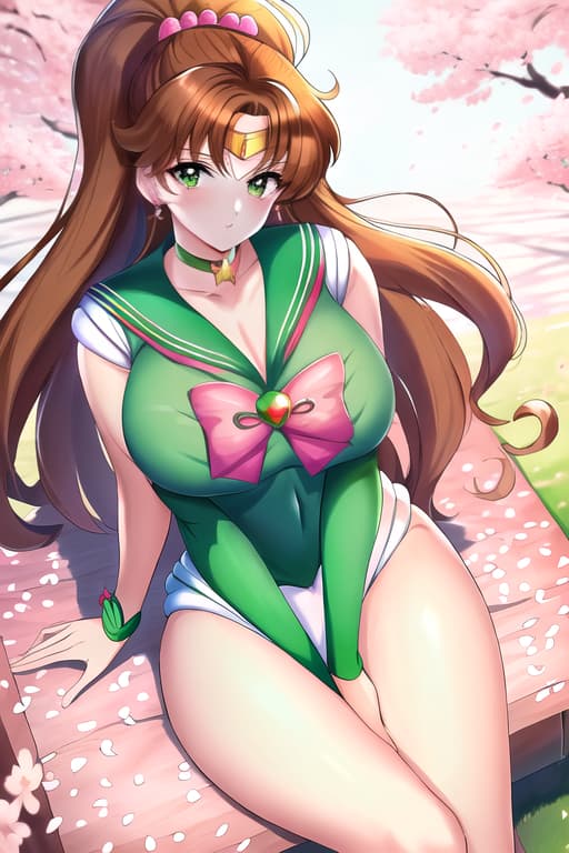  beautiful women,like face,,large , legs,skintight . thin outfits, outfit,(sailor jupiter:1.3), (masterpiece), (highest quality), (intricate), (high detail),Cherry blossom, relaxing under a cherry blossom tree, summer day, masterpiece, best quality, high quality, solo