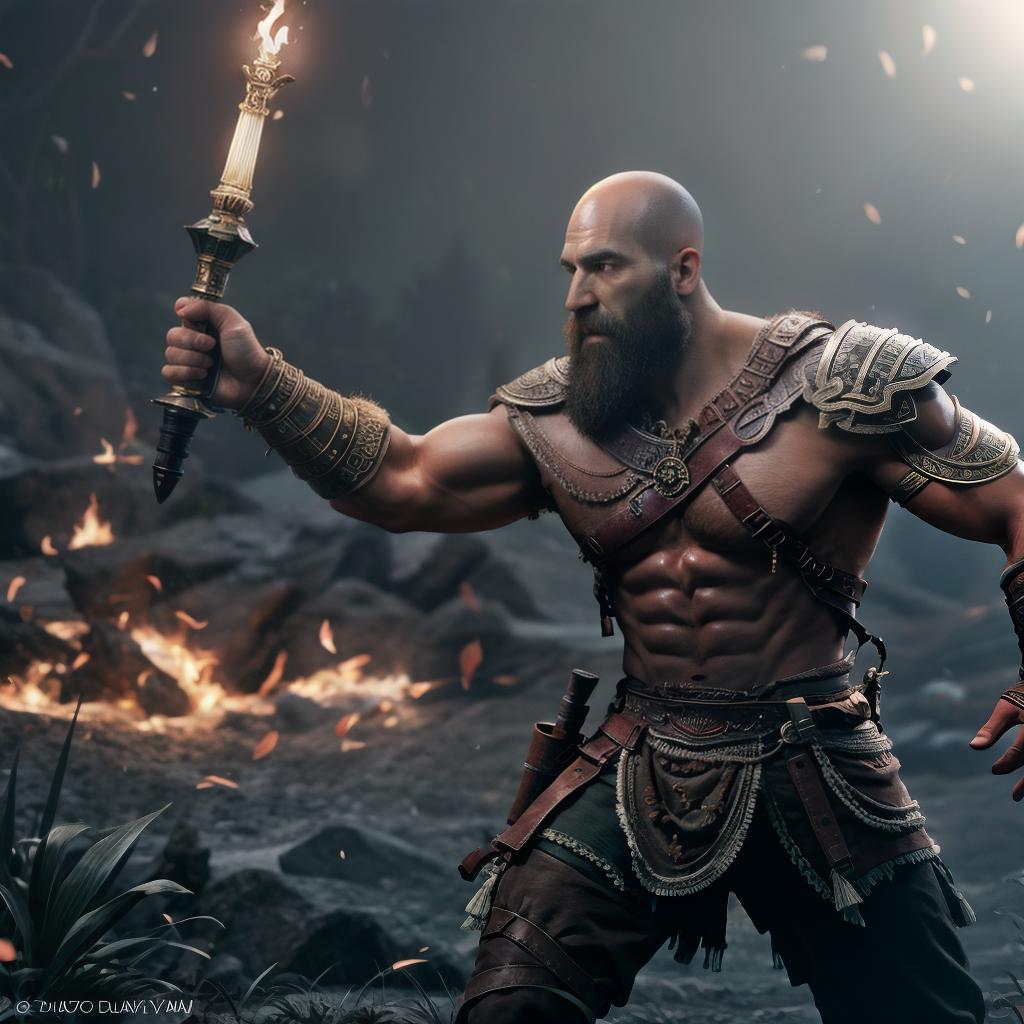  God of war hyperrealistic, full body, detailed clothing, highly detailed, cinematic lighting, stunningly beautiful, intricate, sharp focus, f/1. 8, 85mm, (centered image composition), (professionally color graded), ((bright soft diffused light)), volumetric fog, trending on instagram, trending on tumblr, HDR 4K, 8K