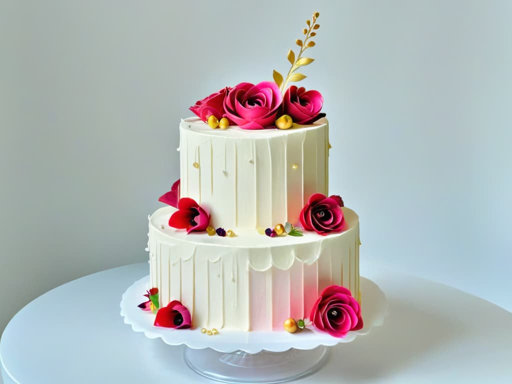  A lavish and intricate threetiered glutenfree wedding cake adorned with cascading sugar flowers in vibrant hues of pink, purple, and gold. The cake is elegantly displayed on a crystal clear cake stand, set against a softfocus background that enhances its exquisite details. Each delicate sugar petal and leaf is meticulously crafted, showcasing the artistry and skill that goes into creating stunning glutenfree confections. The image captures the beauty and sophistication of modern glutenfree baking, appealing to both the eye and the palate. hyperrealistic, full body, detailed clothing, highly detailed, cinematic lighting, stunningly beautiful, intricate, sharp focus, f/1. 8, 85mm, (centered image composition), (professionally color graded), ((bright soft diffused light)), volumetric fog, trending on instagram, trending on tumblr, HDR 4K, 8K