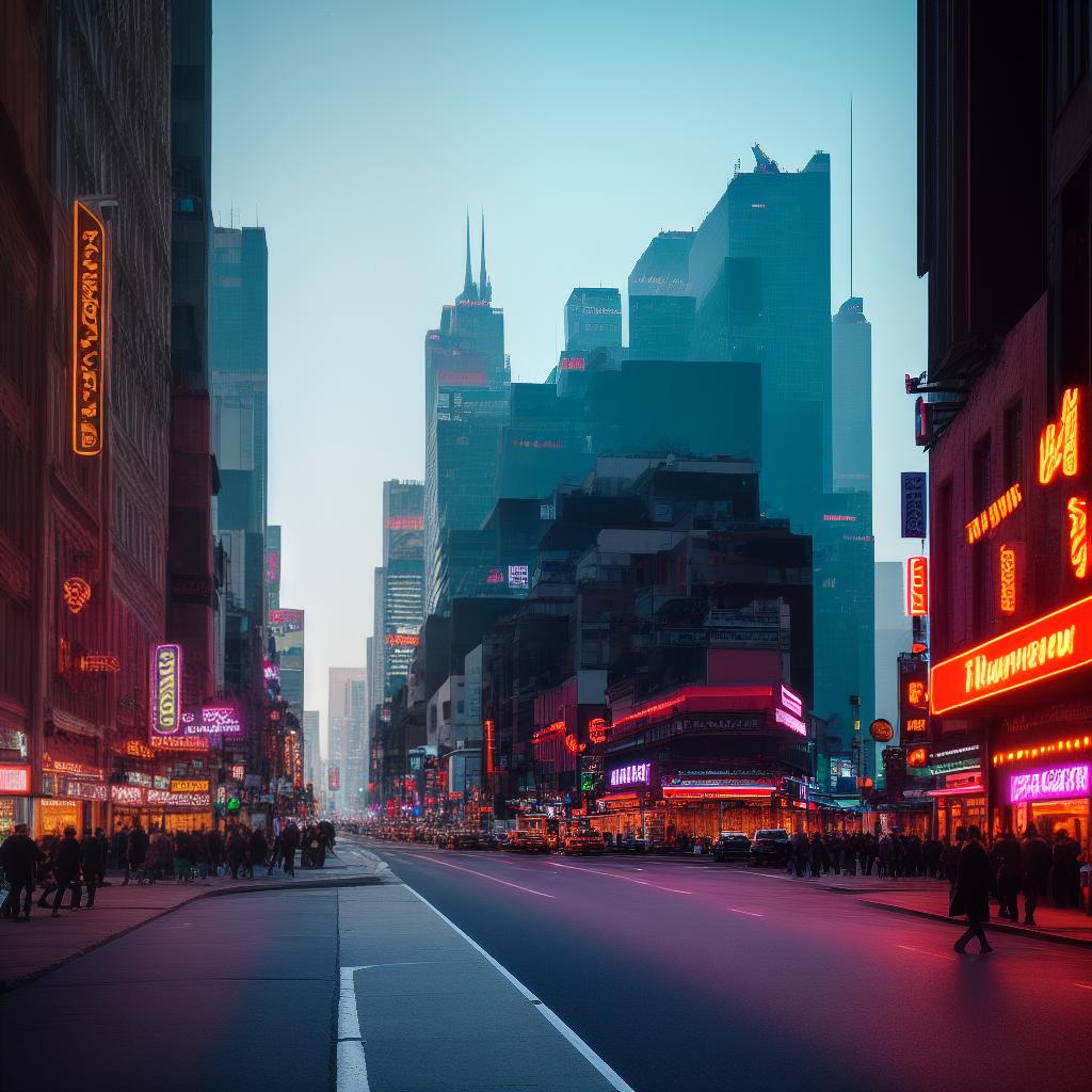  Photograph of a busy city street at dusk, taken from a low angle, with towering buildings and vibrant neon lights hyperrealistic, full body, detailed clothing, highly detailed, cinematic lighting, stunningly beautiful, intricate, sharp focus, f/1. 8, 85mm, (centered image composition), (professionally color graded), ((bright soft diffused light)), volumetric fog, trending on instagram, trending on tumblr, HDR 4K, 8K
