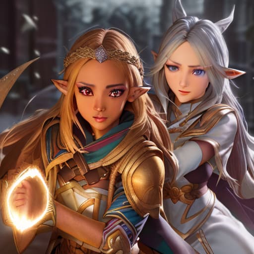  two young people, an elf girl with light skin and long golden hair and a wizard boy, with dark skin and short platinum hair hyperrealistic, full body, detailed clothing, highly detailed, cinematic lighting, stunningly beautiful, intricate, sharp focus, f/1. 8, 85mm, (centered image composition), (professionally color graded), ((bright soft diffused light)), volumetric fog, trending on instagram, trending on tumblr, HDR 4K, 8K