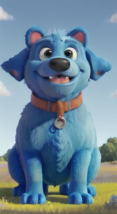  {A happy, big blue dog wagging its tail in a colorful meadow, The big blue dog is large with sky blue fur, big round eyes, a black nose, and floppy ears.